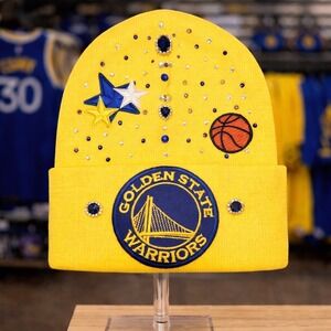 Golden State Warriors yellow Beanie design with logo, star, crystal & basketball